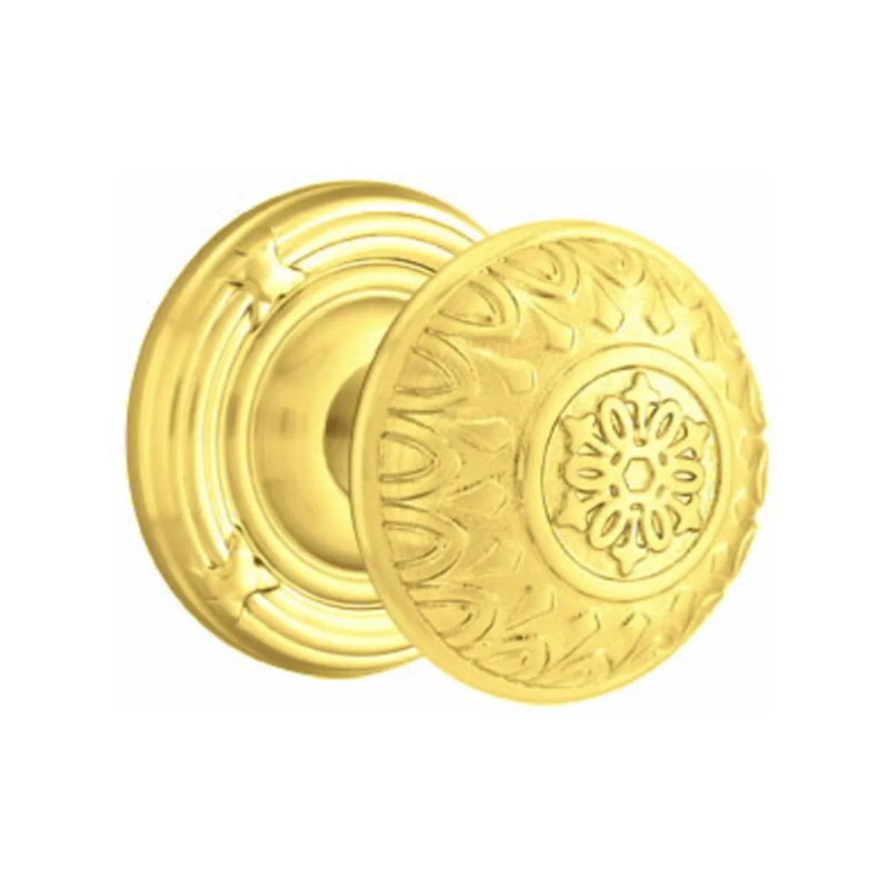 Emtek Privacy Lancaster Knob With Ribbon & Reed Rosette in Unlacquered Brass finish