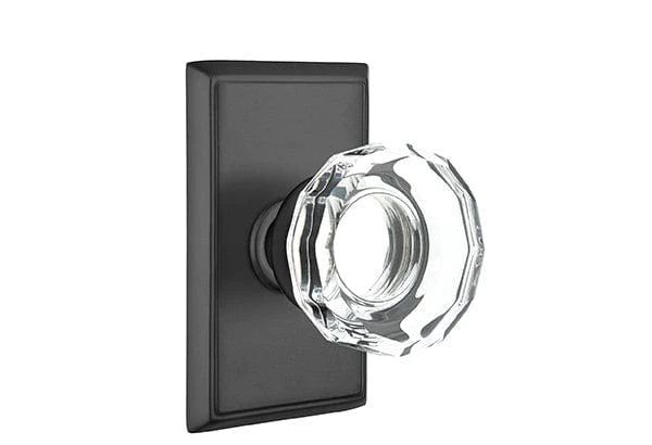 Emtek Privacy Lowell Crystal Knob With Rectangular Rosette in Flat Black finish