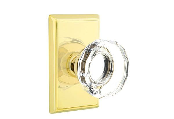 Emtek Privacy Lowell Crystal Knob With Rectangular Rosette in Lifetime Polished Brass finish