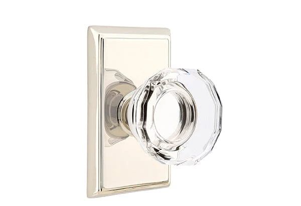 Emtek Privacy Lowell Crystal Knob With Rectangular Rosette in Lifetime Polished Nickel finish