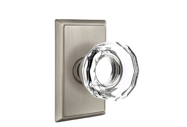 Emtek Privacy Lowell Crystal Knob With Rectangular Rosette in Pewter finish