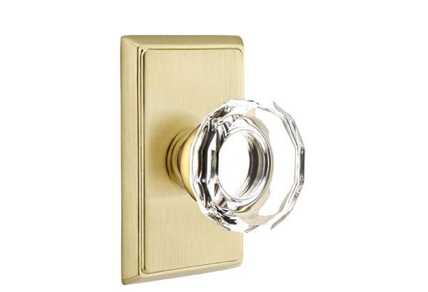 Emtek Privacy Lowell Crystal Knob With Rectangular Rosette in Satin Brass finish