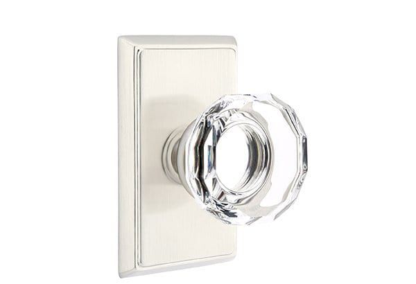 Emtek Privacy Lowell Crystal Knob With Rectangular Rosette in Satin Nickel finish