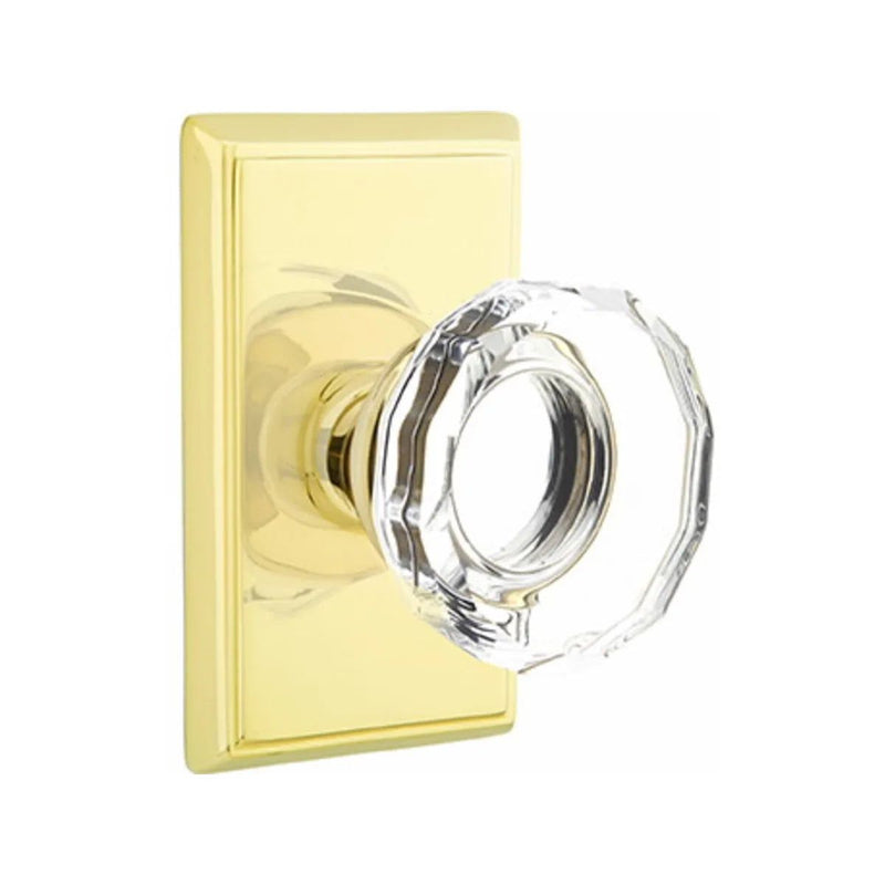 Emtek Privacy Lowell Crystal Knob With Rectangular Rosette in Unlacquered Brass finish