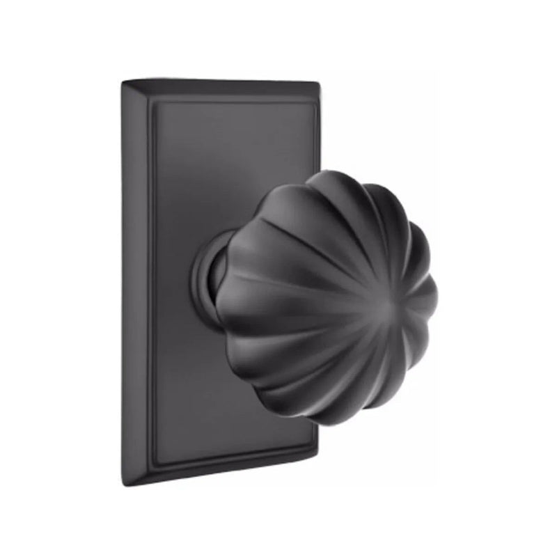 Emtek Privacy Melon Knob With Modern Rectangular Rosette in Flat Black finish