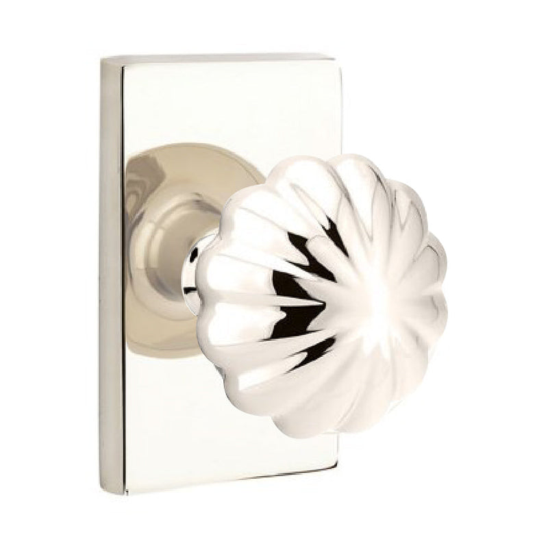 Emtek Privacy Melon Knob With Modern Rectangular Rosette in Lifetime Polished Nickel finish