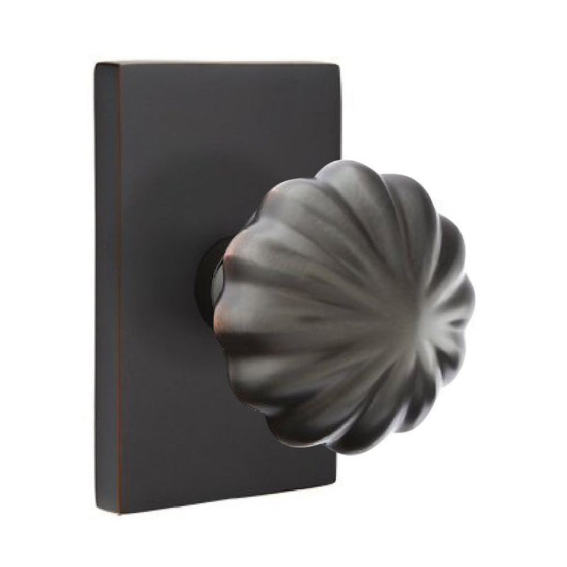 Emtek Privacy Melon Knob With Modern Rectangular Rosette in Oil Rubbed Bronze finish