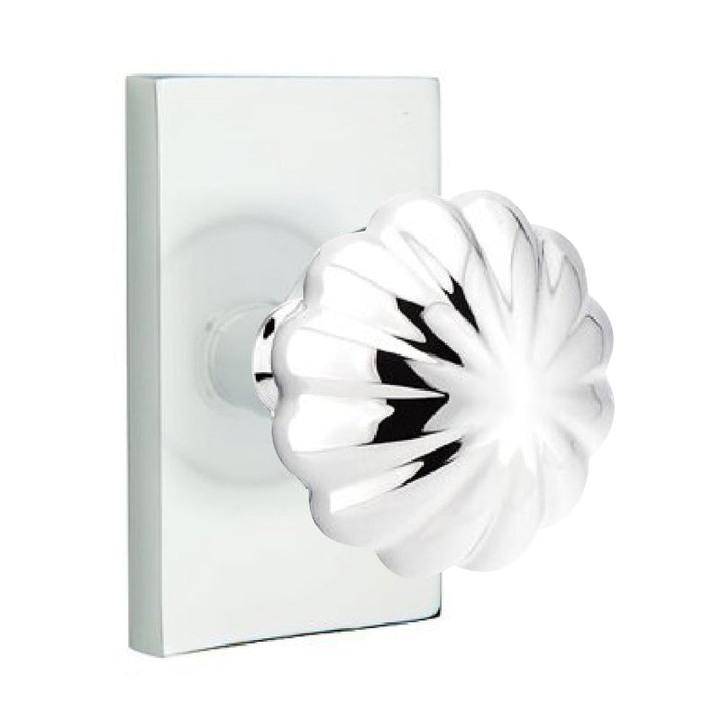 Emtek Privacy Melon Knob With Modern Rectangular Rosette in Polished Chrome finish