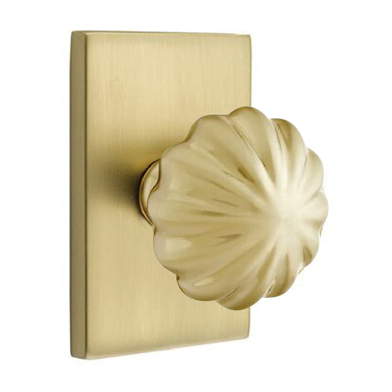 Emtek Privacy Melon Knob With Modern Rectangular Rosette in Satin Brass finish