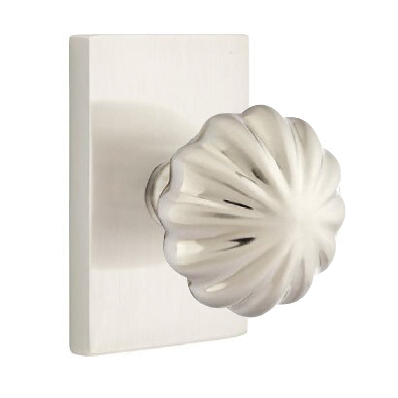 Emtek Privacy Melon Knob With Modern Rectangular Rosette in Satin Nickel finish