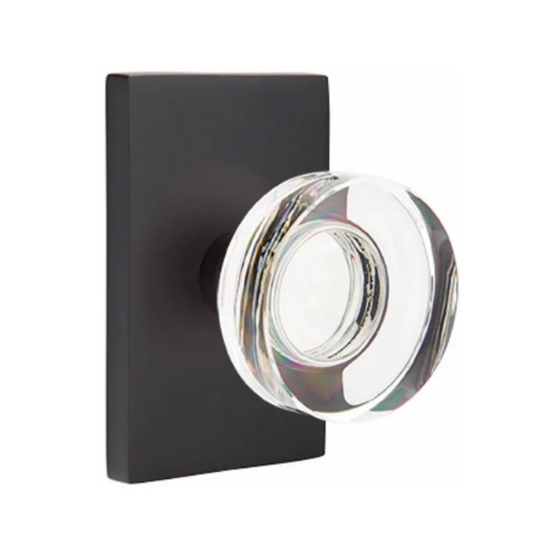 Emtek Privacy Modern Disc Crystal Knob With Modern Rectangular Rosette in Flat Black finish