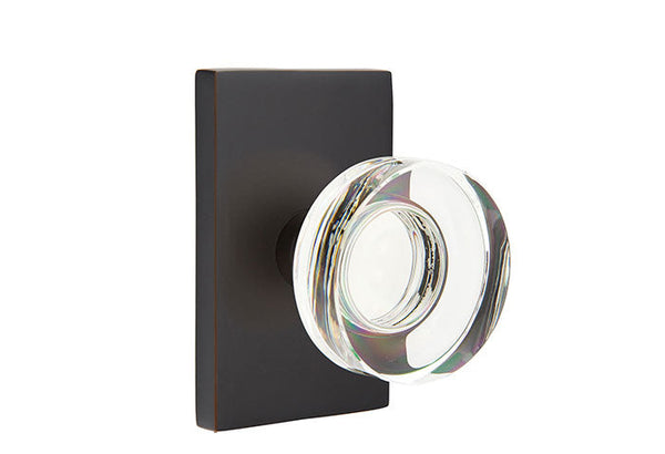 Emtek Privacy Modern Disc Crystal Knob With Modern Rectangular Rosette in Oil Rubbed Bronze finish