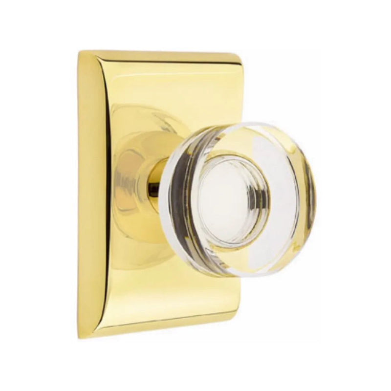 Emtek Privacy Modern Disc Crystal Knob With Neos Rosette in Unlacquered Brass finish