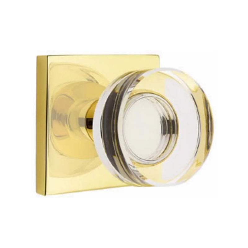 Emtek Privacy Modern Disc Crystal Knob With Square Rosette in Unlacquered Brass finish