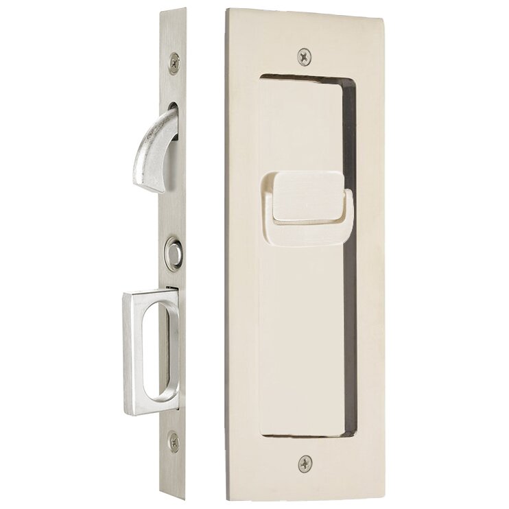 The Emtek Privacy Modern Rectangular Pocket Door Mortise Lock in Lifetime Polished Nickel finish