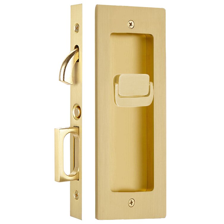 The Emtek Privacy Modern Rectangular Pocket Door Mortise Lock in Satin Brass finish