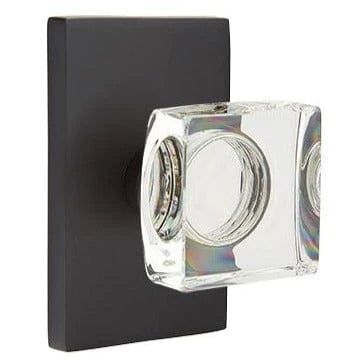 Emtek Privacy Modern Square Crystal Knob With Modern Rectangular Rosette in Flat Black finish