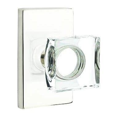 Emtek Privacy Modern Square Crystal Knob With Modern Rectangular Rosette in Lifetime Polished Nickel finish