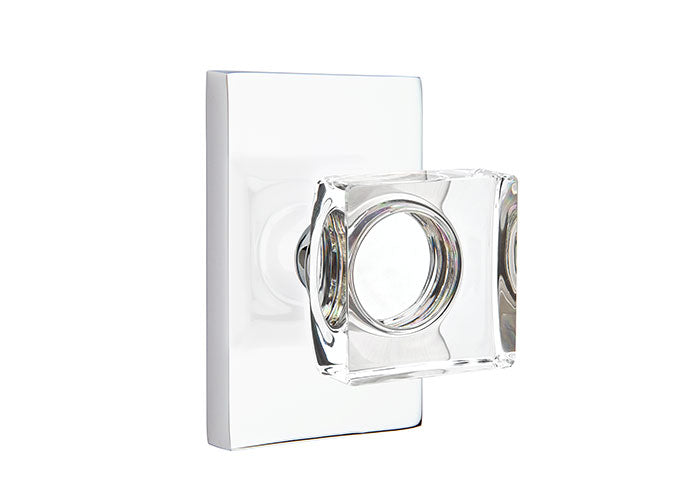 Emtek Privacy Modern Square Crystal Knob With Modern Rectangular Rosette in Polished Chrome finish