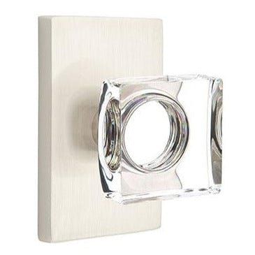 Emtek Privacy Modern Square Crystal Knob With Modern Rectangular Rosette in Satin Nickel finish