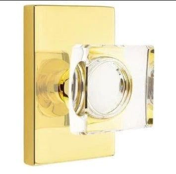 Emtek Privacy Modern Square Crystal Knob With Modern Rectangular Rosette in Unlacquered Brass finish