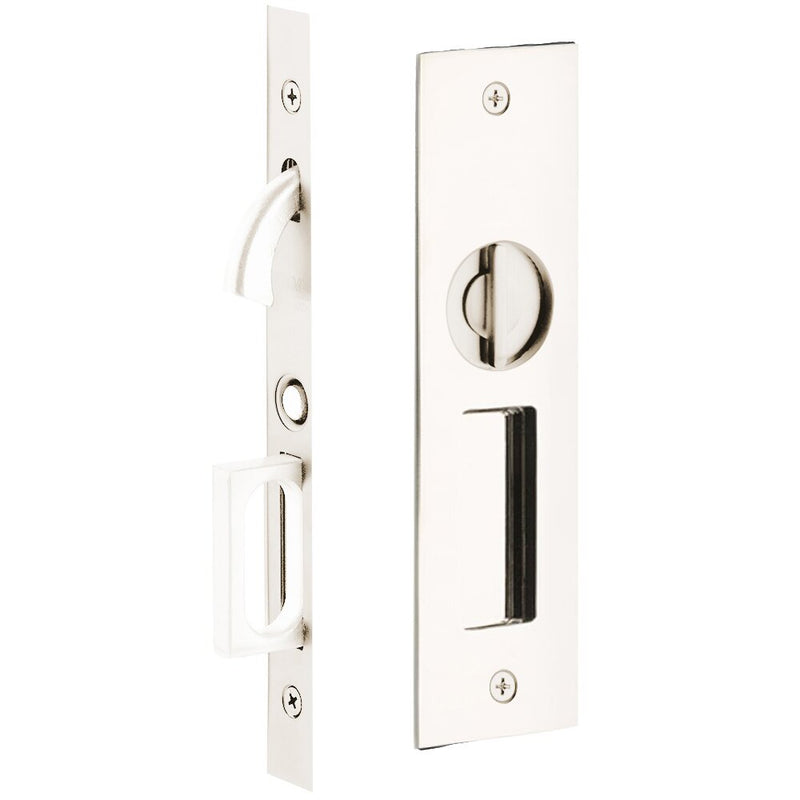 Emtek Privacy Narrow Modern Rectangular Pocket Door Mortise Lock in Lifetime Polished Nickel finish