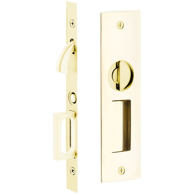 Emtek Privacy Narrow Modern Rectangular Pocket Door Mortise Lock in Unlacquered Brass finish