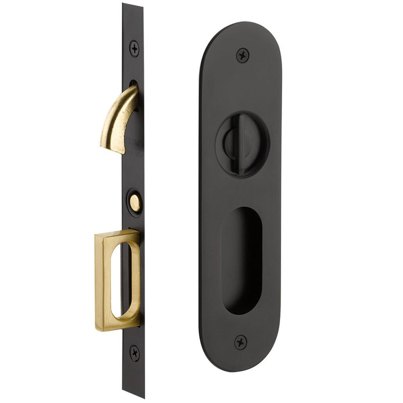 Emtek Privacy Narrow Oval Pocket Door Mortise Lock in Flat Black finish