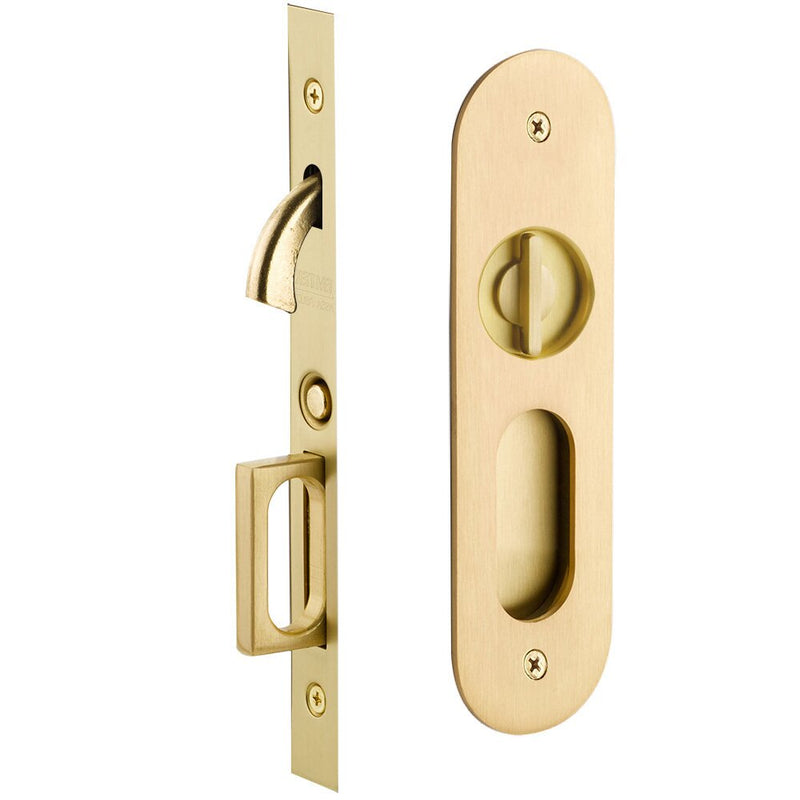 Emtek Privacy Narrow Oval Pocket Door Mortise Lock in Satin Brass finish