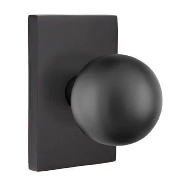 Emtek Privacy Orb Knob With Modern Rectangular Rosette in Flat Black finish