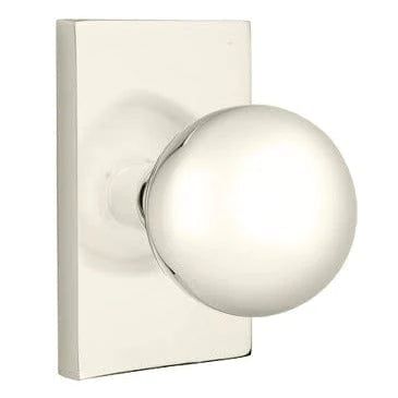 Emtek Privacy Orb Knob With Modern Rectangular Rosette in Lifetime Polished Nickel finish