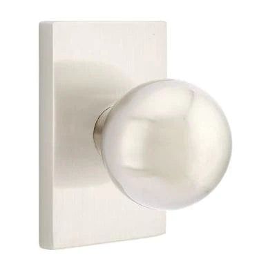 Emtek Privacy Orb Knob With Modern Rectangular Rosette in Satin Nickel finish