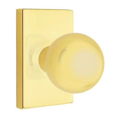 Emtek Privacy Orb Knob With Modern Rectangular Rosette in Unlacquered Brass finish