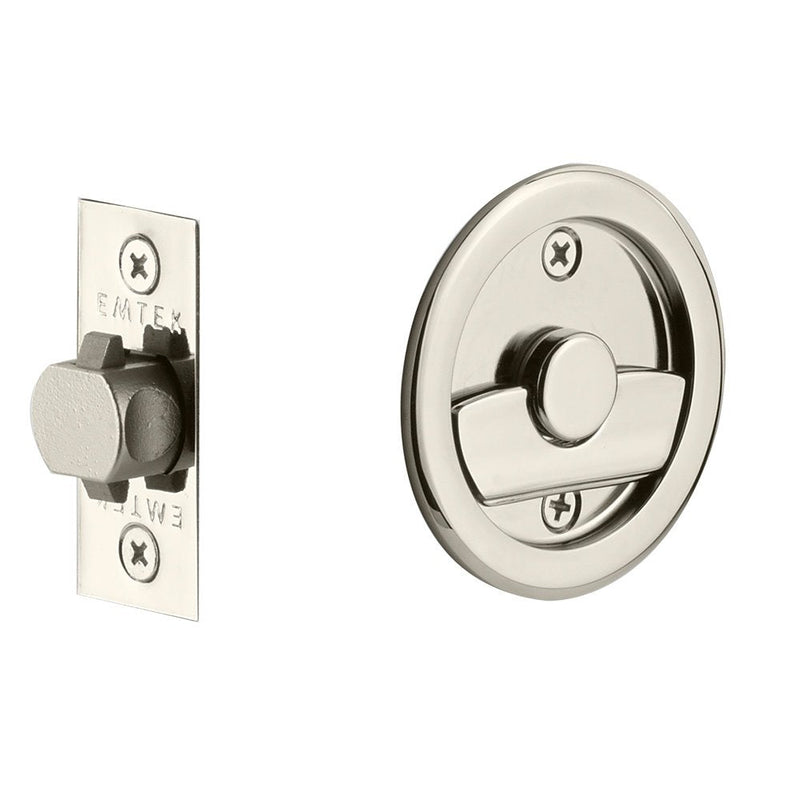 Emtek Privacy Round Pocket Door Tubular Lock in Lifetime Polished Nickel finish