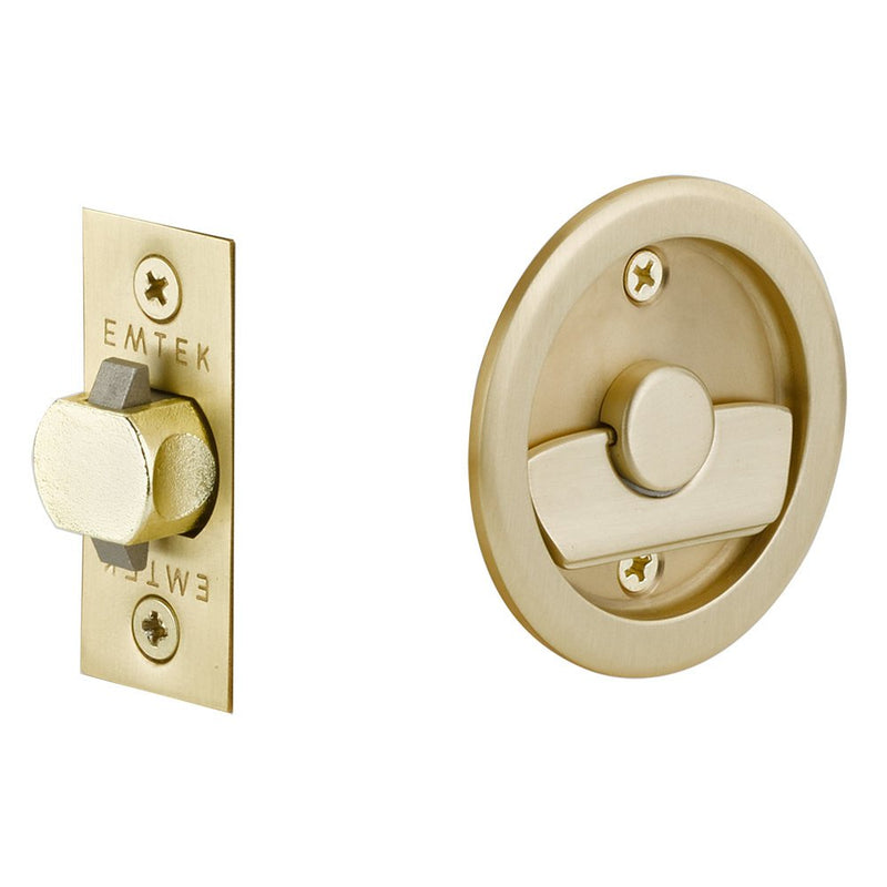Emtek Privacy Round Pocket Door Tubular Lock in Satin Brass finish