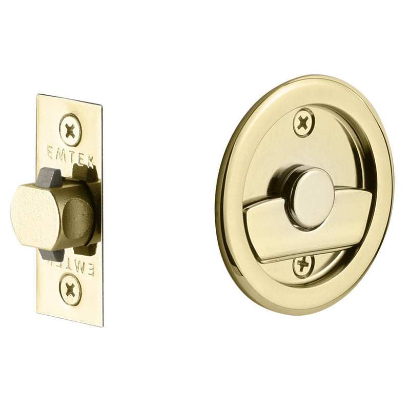 Emtek Privacy Round Pocket Door Tubular Lock in Unlacquered Brass finish