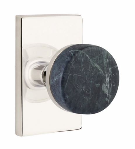 Emtek Privacy Select Conical Green Marble Knobset with Modern Rectangular Rosette in Polished Nickel finish