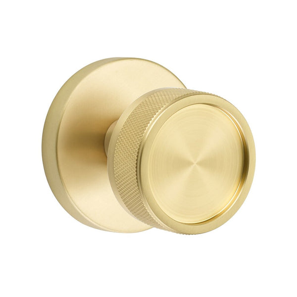 Emtek Privacy Select Conical Knurled Knob with Disk Rosette in Satin Brass finish