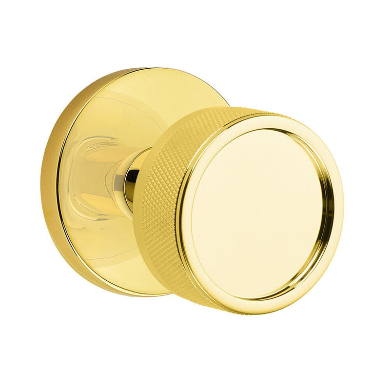Emtek Privacy Select Conical Knurled Knob with Disk Rosette in Unlacquered Brass finish