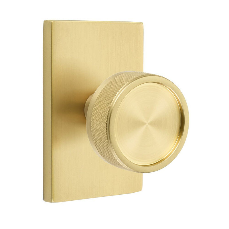 Emtek Privacy Select Conical Knurled Knob with Modern Rectangular Rosette in Satin Brass finish