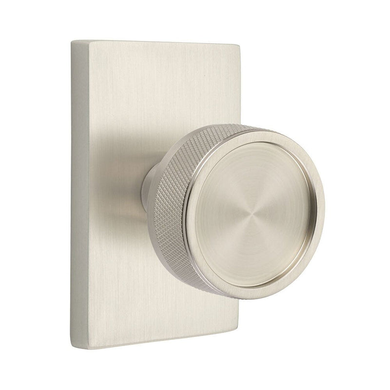 Emtek Privacy Select Conical Knurled Knob with Modern Rectangular Rosette in Satin Nickel finish