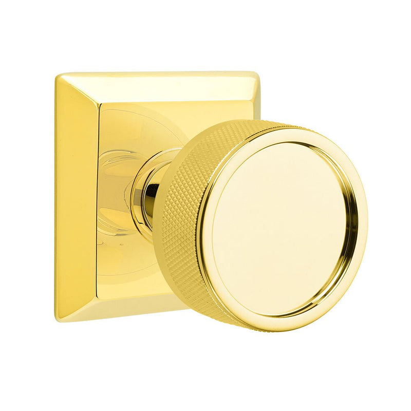 Emtek Privacy Select Conical Knurled Knob with Quincy Rosette in Unlacquered Brass finish