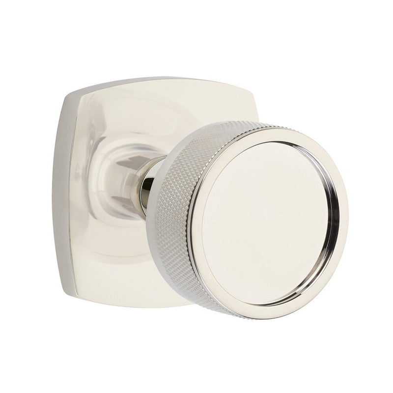 Emtek Privacy Select Conical Knurled Knob with Urban Modern Rosette in Lifetime Polished Nickel finish