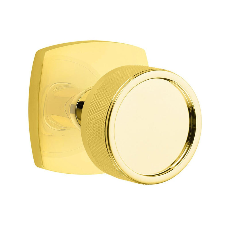 Emtek Privacy Select Conical Knurled Knob with Urban Modern Rosette in Unlacquered Brass finish