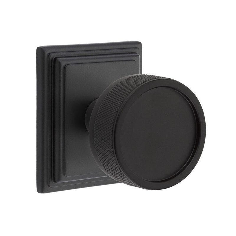 Emtek Privacy Select Conical Knurled Knob with Wilshire Rosette in Flat Black finish
