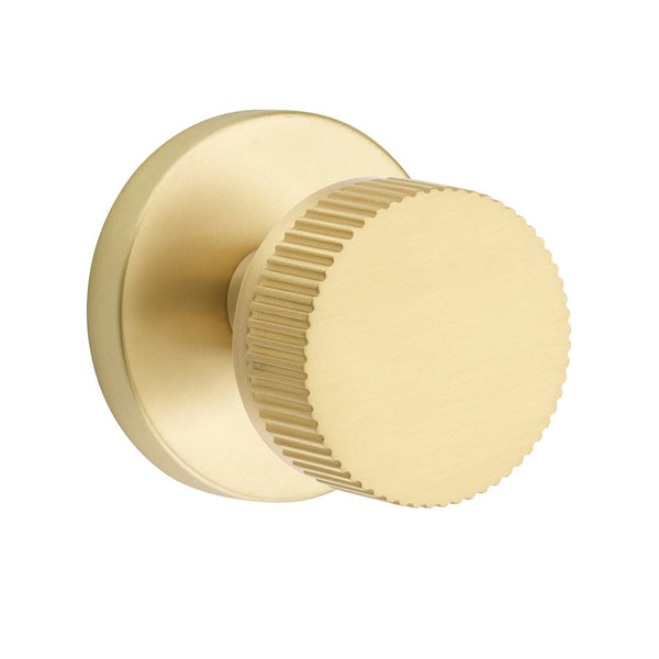 Emtek Privacy Select Conical Straight Knurled Knob with Disk Rosette in Satin Brass finish