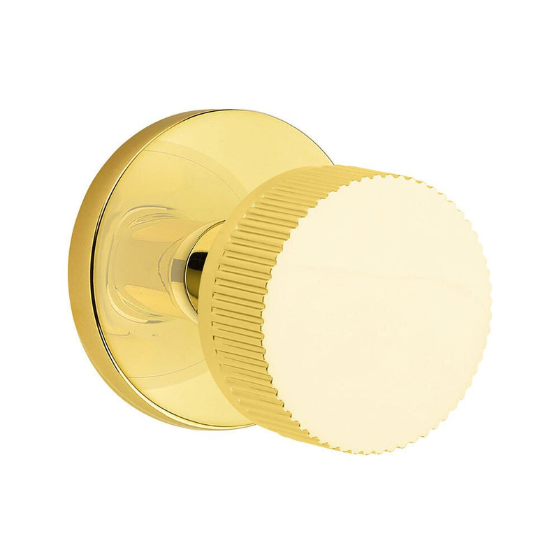 Emtek Privacy Select Conical Straight Knurled Knob with Disk Rosette in Unlacquered Brass finish