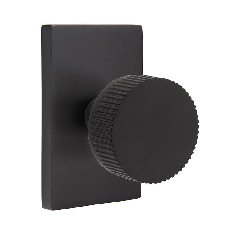 Emtek Privacy Select Conical Straight Knurled Knob with Modern Rectangular Rosette in Flat Black finish