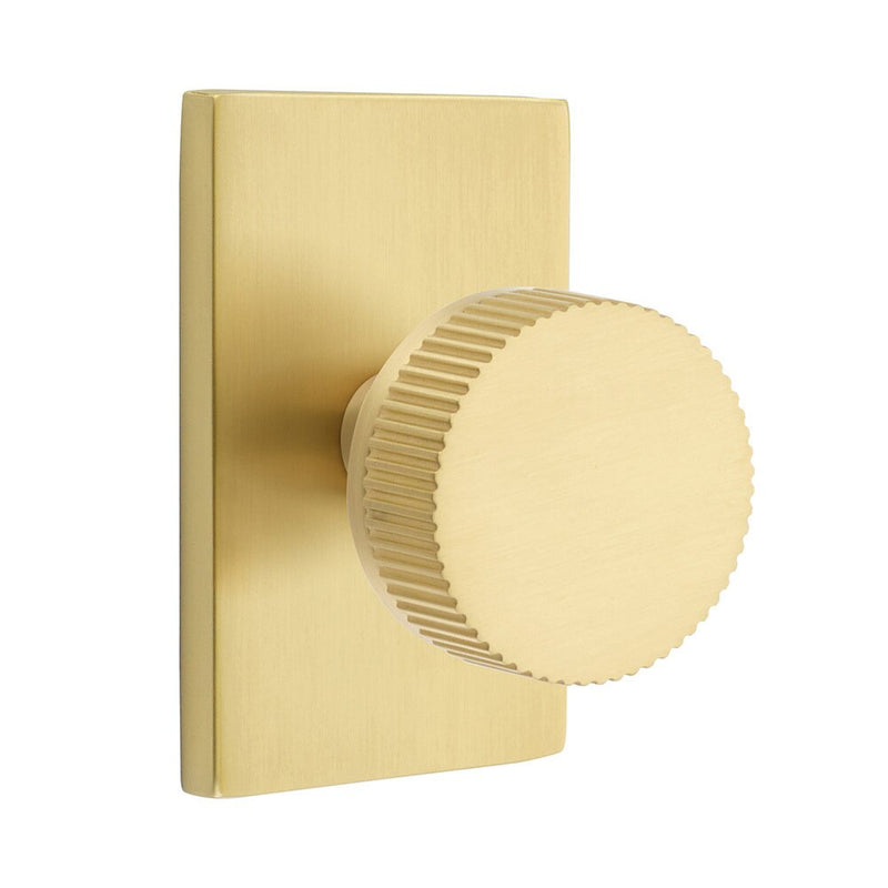 Emtek Privacy Select Conical Straight Knurled Knob with Modern Rectangular Rosette in Satin Brass finish
