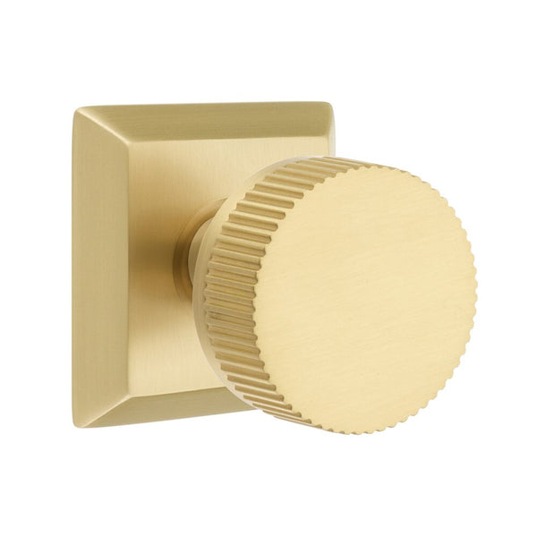 Emtek Privacy Select Conical Straight Knurled Knob with Quincy Rosette in Satin Brass finish